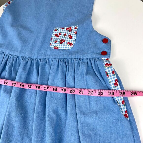Vintage Chambray Apple Print Jumper Pinafore Dress Cottagecore Red Buttons M/L - Picture 12 of 13